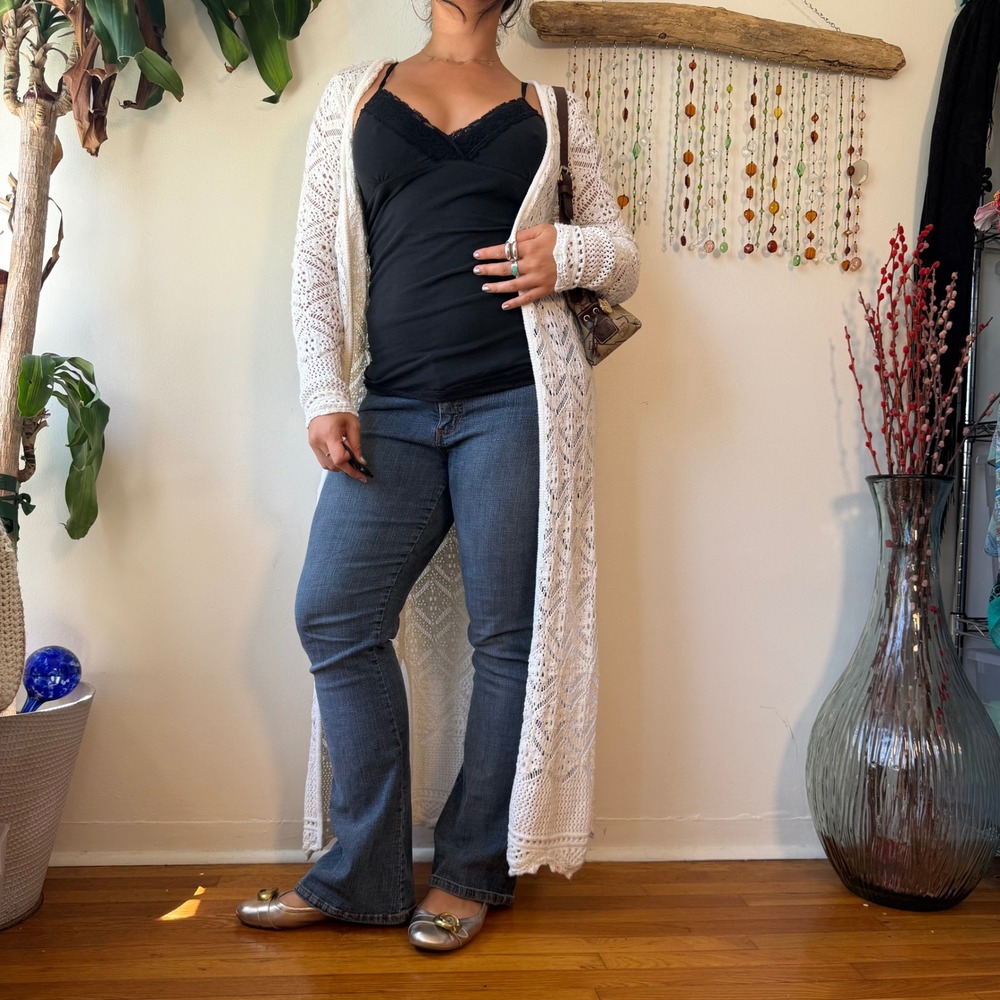 White Crochet Knit Duster Cardigan Boho Cottagecore Long Sleeve Open Front XL